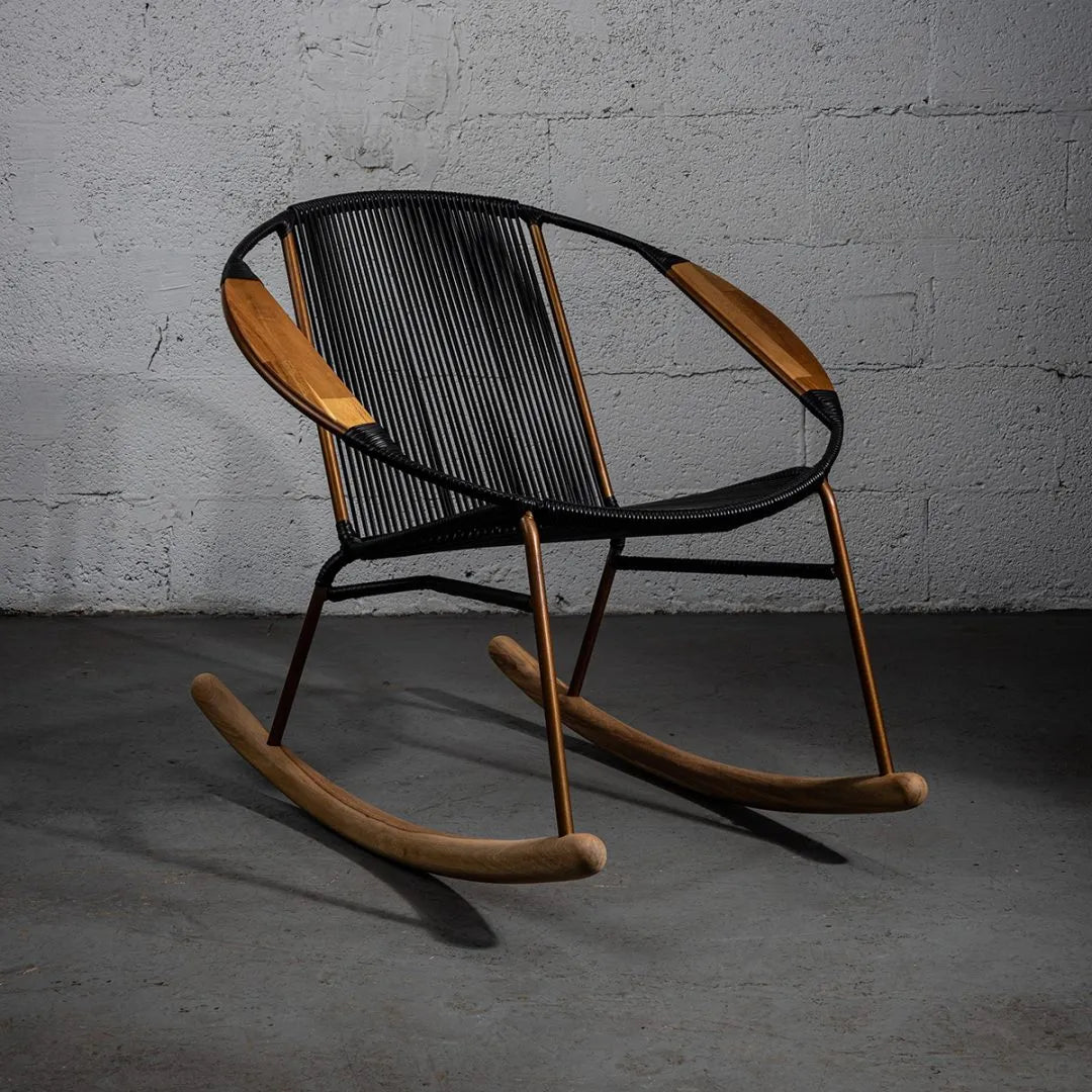 Solido Black Rocking Chair with Copper Frame – Modern Indoor & Outdoor Teak Rocker